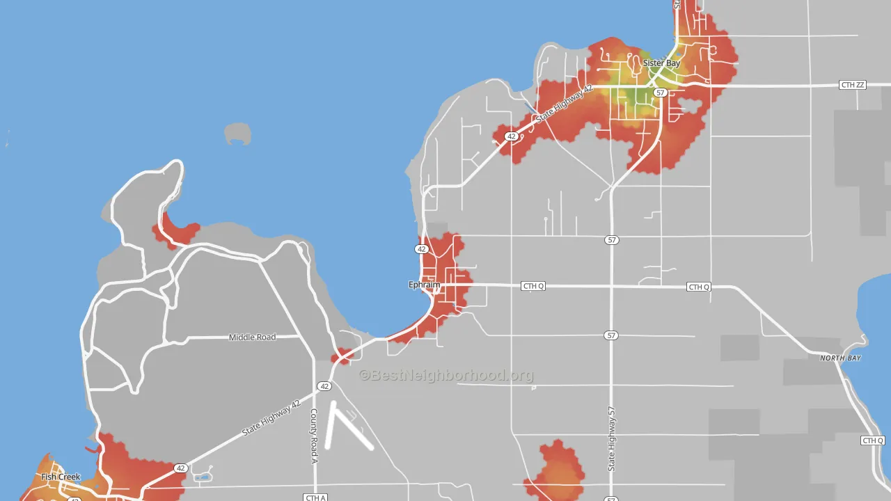 Walk Grade map of 54211, WI, walkable areas in green and car-dependent areas in red