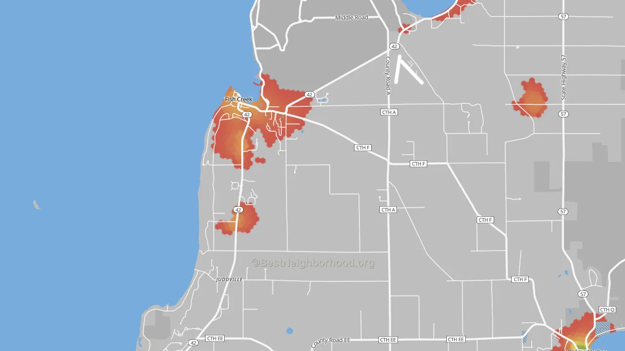 Walk Grade map of 54212, WI, walkable areas in green and car-dependent areas in red
