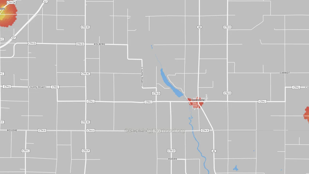 Walk Grade map of 54213, WI, walkable areas in green and car-dependent areas in red