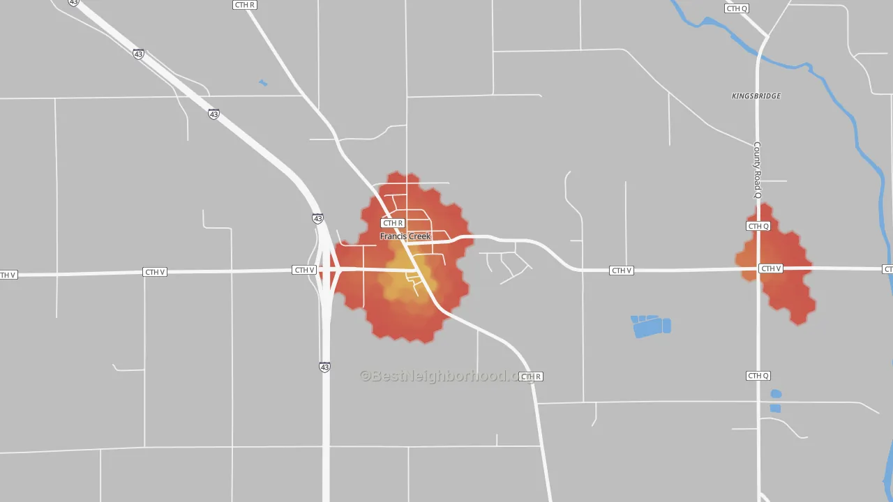 Walk Grade map of 54214, WI, walkable areas in green and car-dependent areas in red