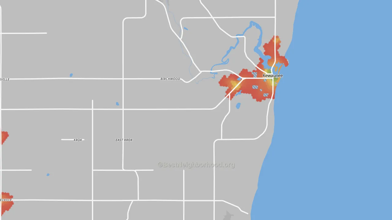 Walk Grade map of 54216, WI, walkable areas in green and car-dependent areas in red
