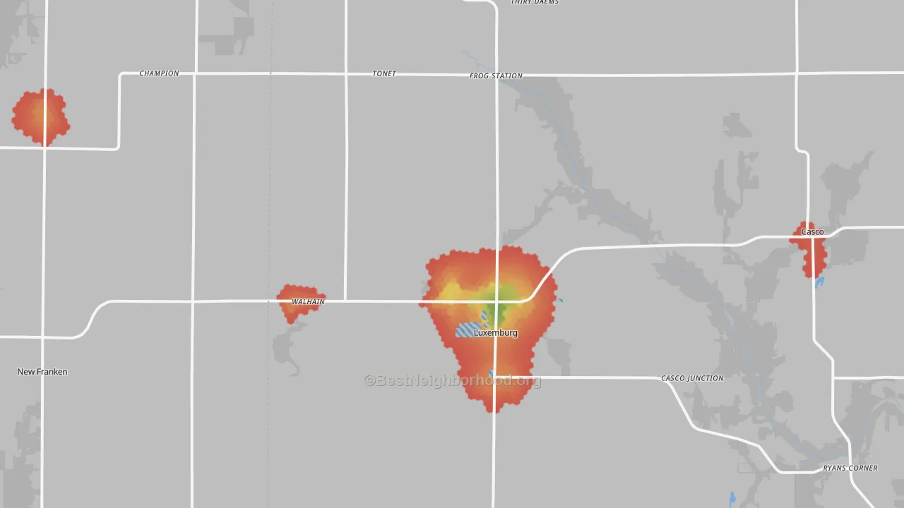 Walk Grade map of 54217, WI, walkable areas in green and car-dependent areas in red
