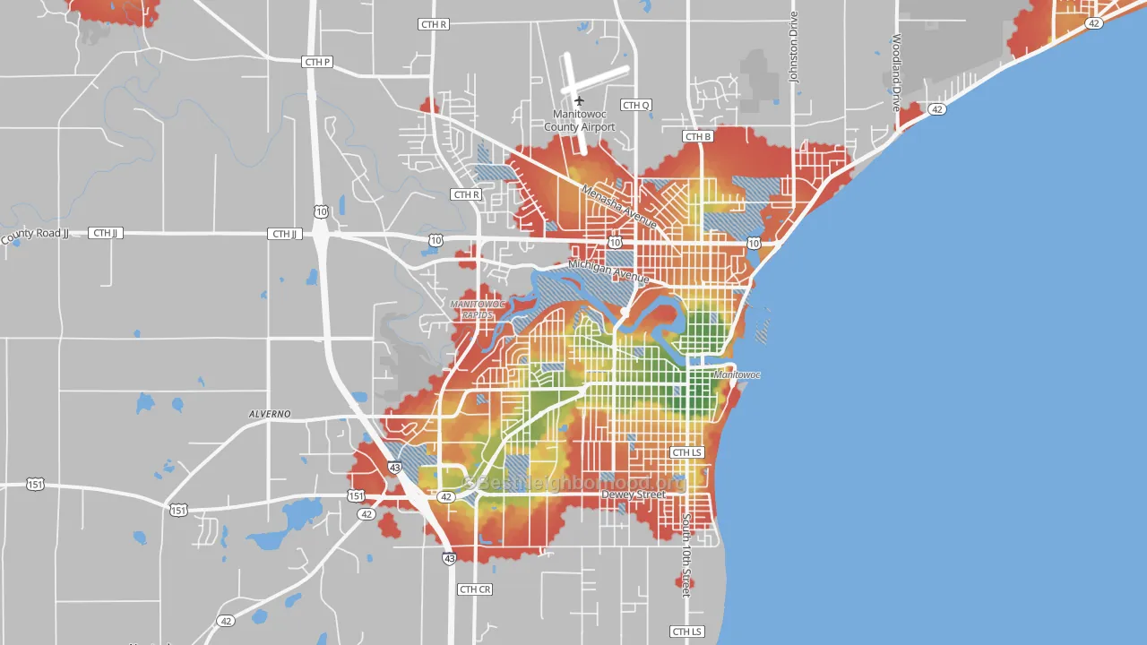 Walk Grade map of 54220, WI, walkable areas in green and car-dependent areas in red