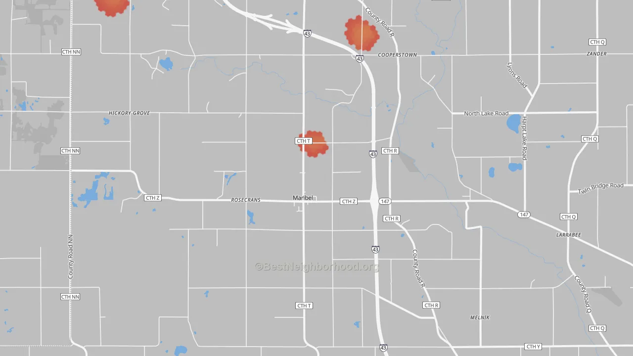 Walk Grade map of 54227, WI, walkable areas in green and car-dependent areas in red