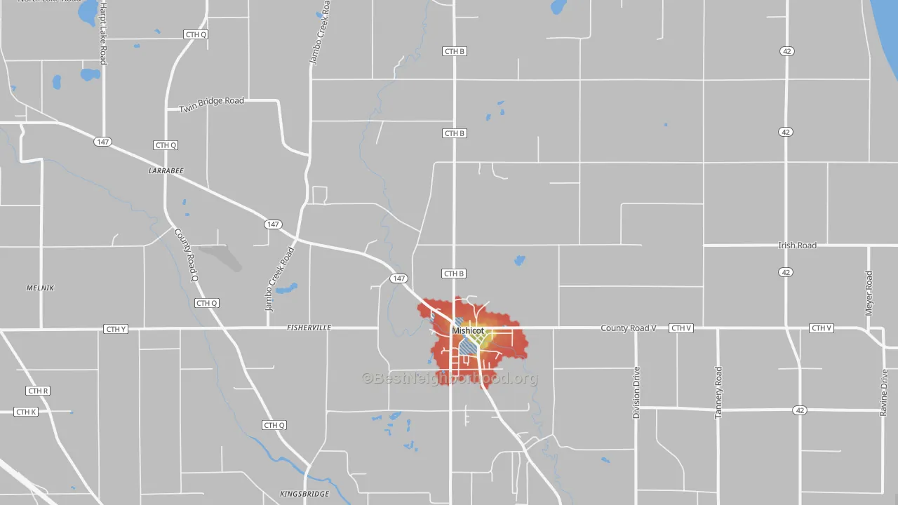 Walk Grade map of 54228, WI, walkable areas in green and car-dependent areas in red