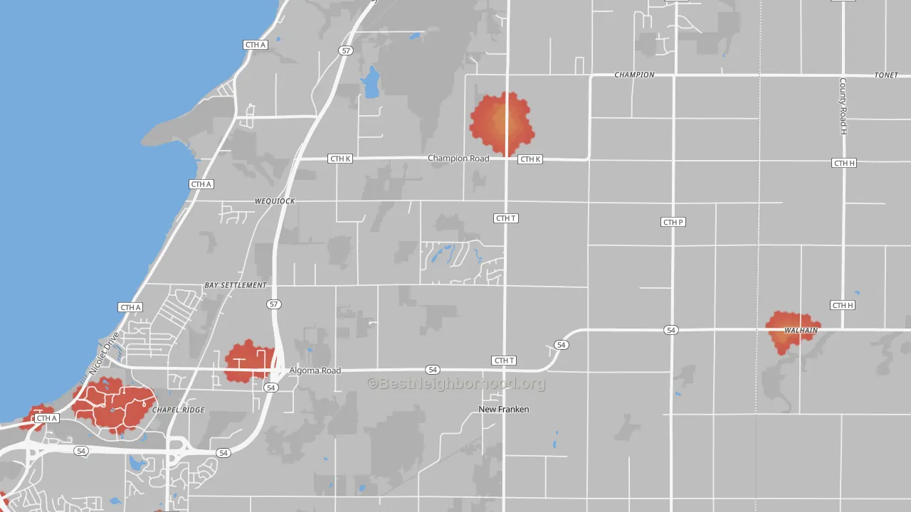 Walk Grade map of 54229, WI, walkable areas in green and car-dependent areas in red