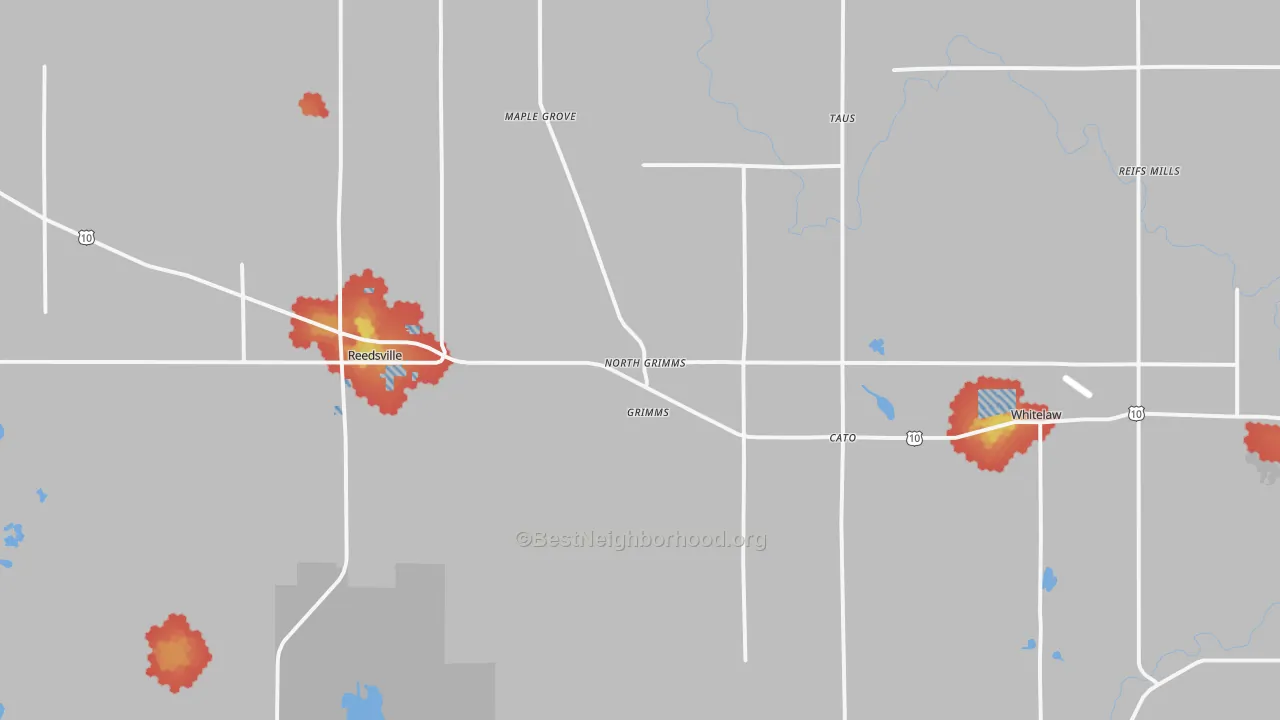 Walk Grade map of 54230, WI, walkable areas in green and car-dependent areas in red
