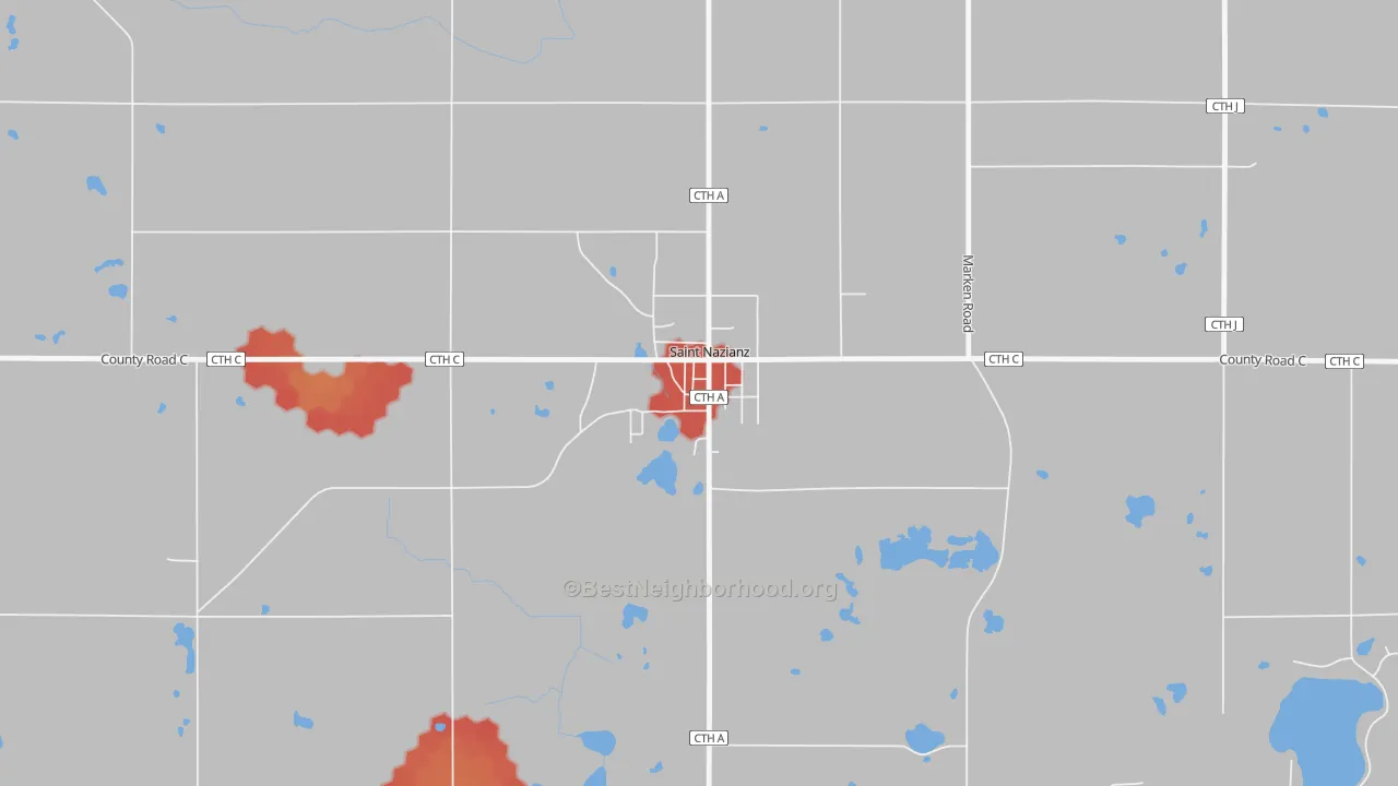 Walk Grade map of 54232, WI, walkable areas in green and car-dependent areas in red