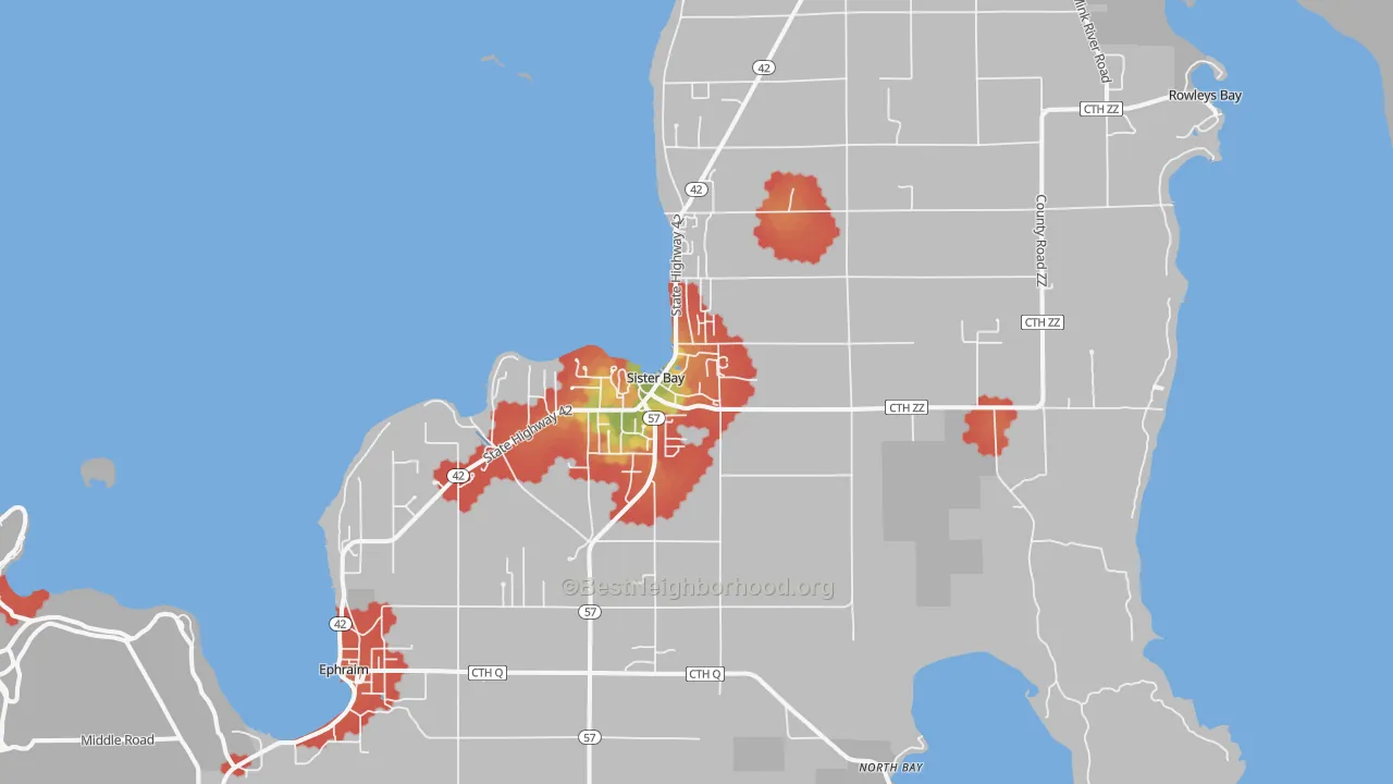 Walk Grade map of 54234, WI, walkable areas in green and car-dependent areas in red