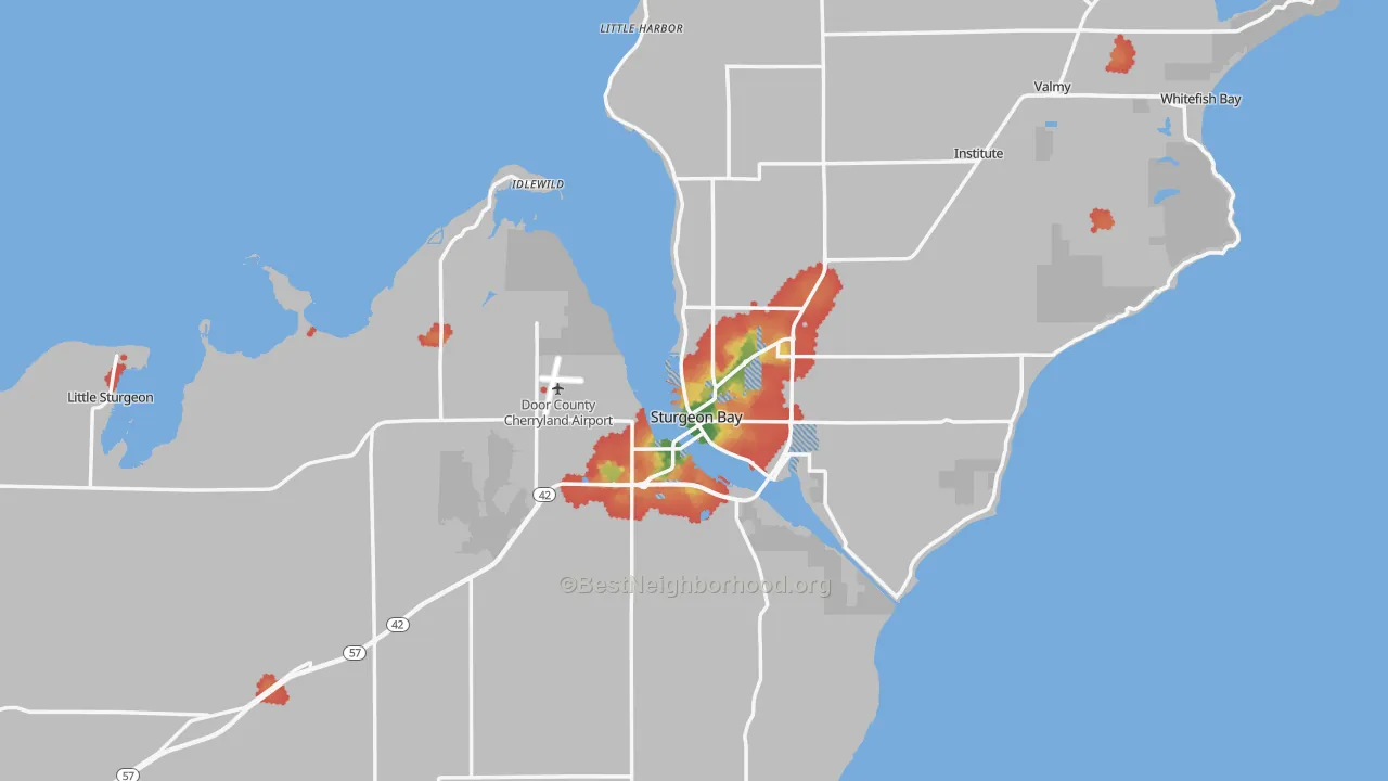Walk Grade map of 54235, WI, walkable areas in green and car-dependent areas in red
