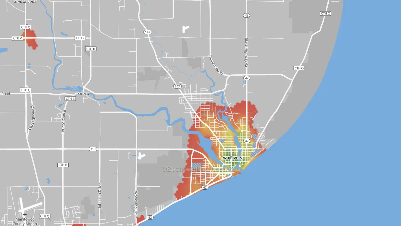 Walk Grade map of 54241, WI, walkable areas in green and car-dependent areas in red