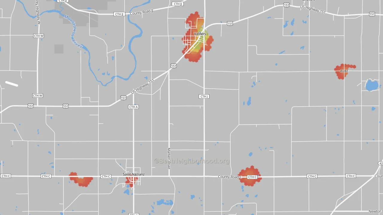 Walk Grade map of 54245, WI, walkable areas in green and car-dependent areas in red