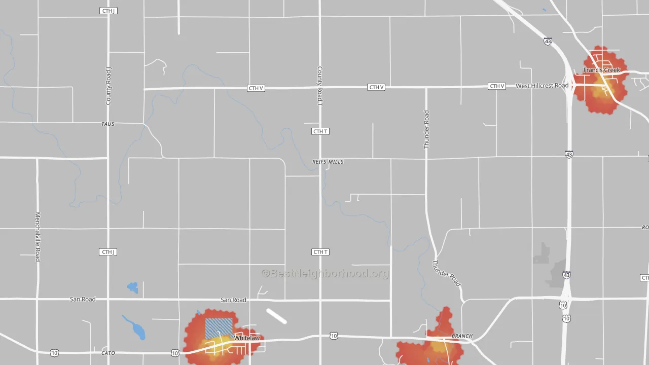 Walk Grade map of 54247, WI, walkable areas in green and car-dependent areas in red