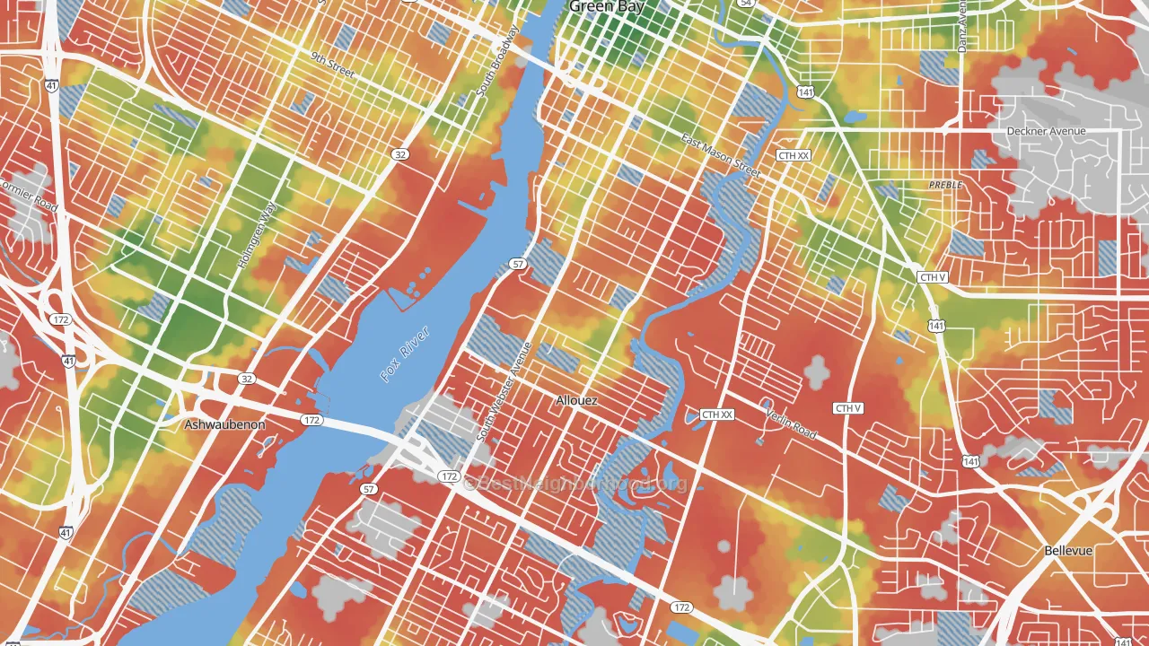 Walk Grade map of 54301, WI, walkable areas in green and car-dependent areas in red