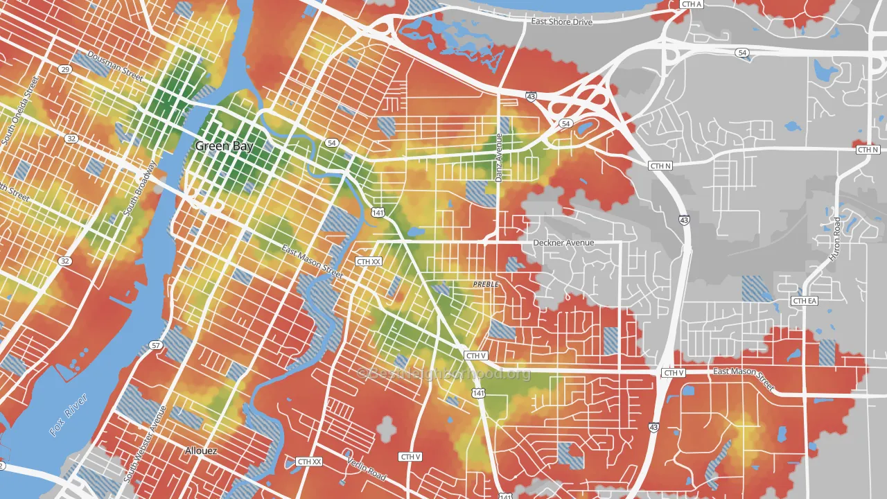 Walk Grade map of 54302, WI, walkable areas in green and car-dependent areas in red