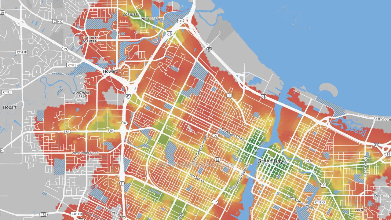 Walk Grade map of 54303, WI, walkable areas in green and car-dependent areas in red