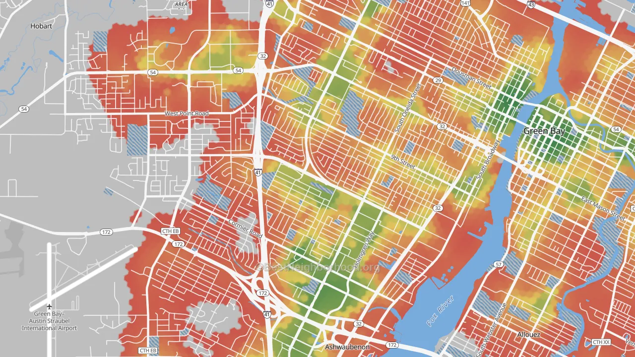 Walk Grade map of 54304, WI, walkable areas in green and car-dependent areas in red