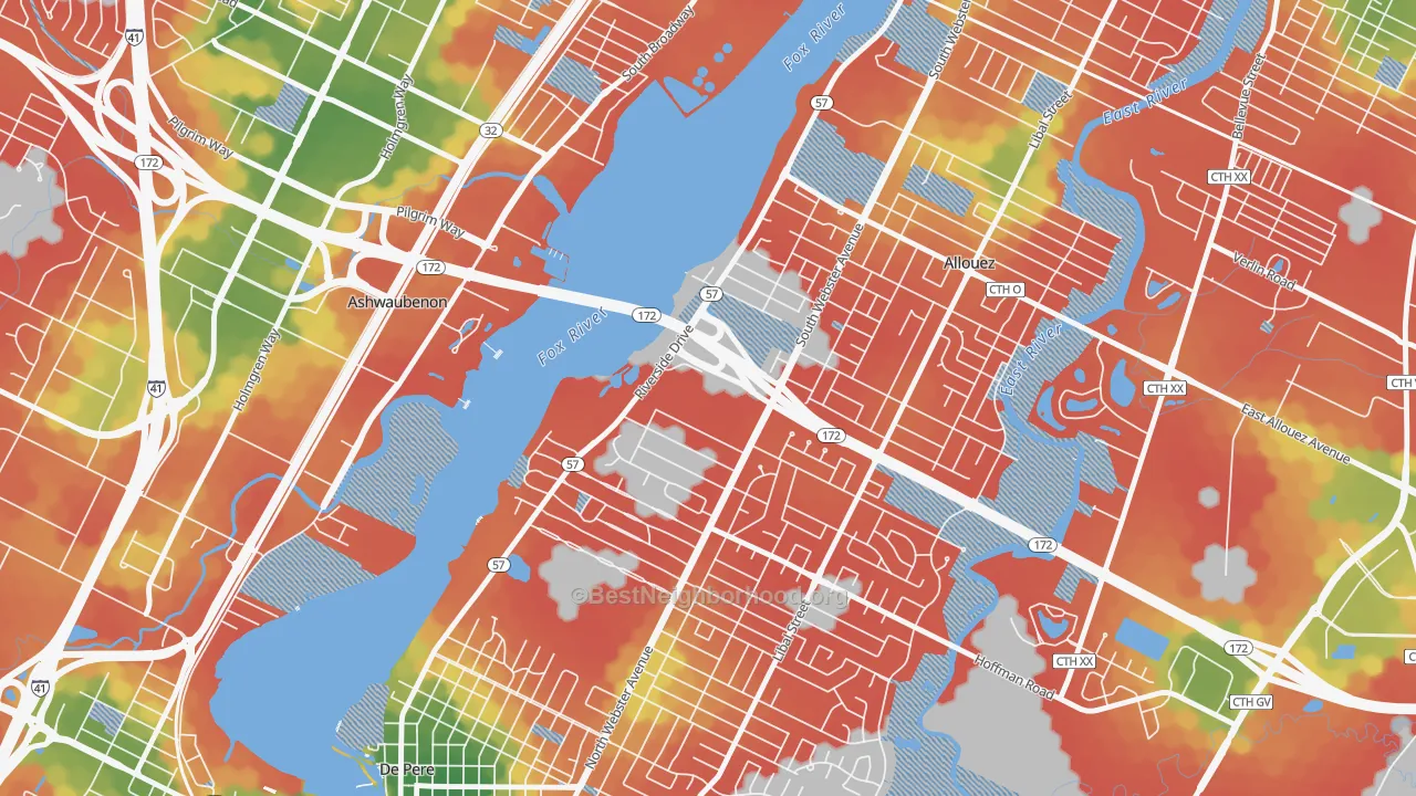 Walk Grade map of 54307, WI, walkable areas in green and car-dependent areas in red