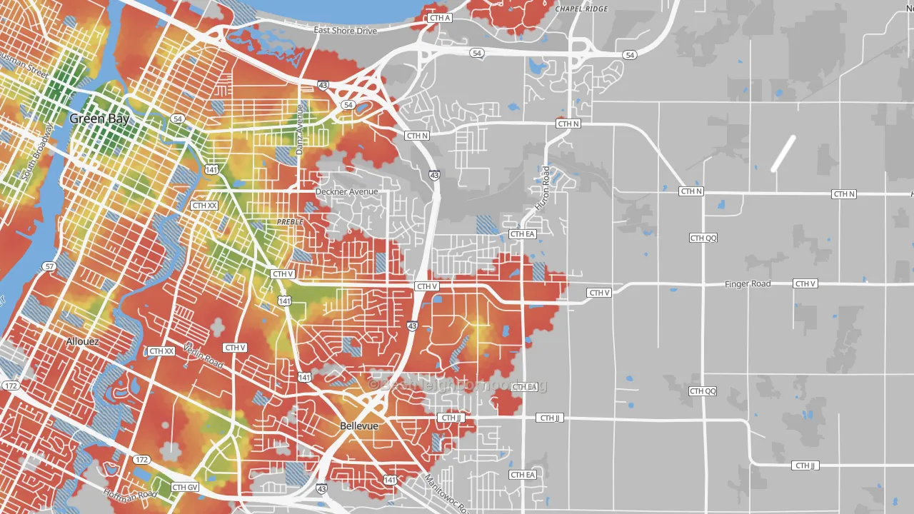 Walk Grade map of 54311, WI, walkable areas in green and car-dependent areas in red