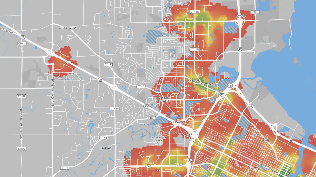 Walk Grade map of 54313, WI, walkable areas in green and car-dependent areas in red