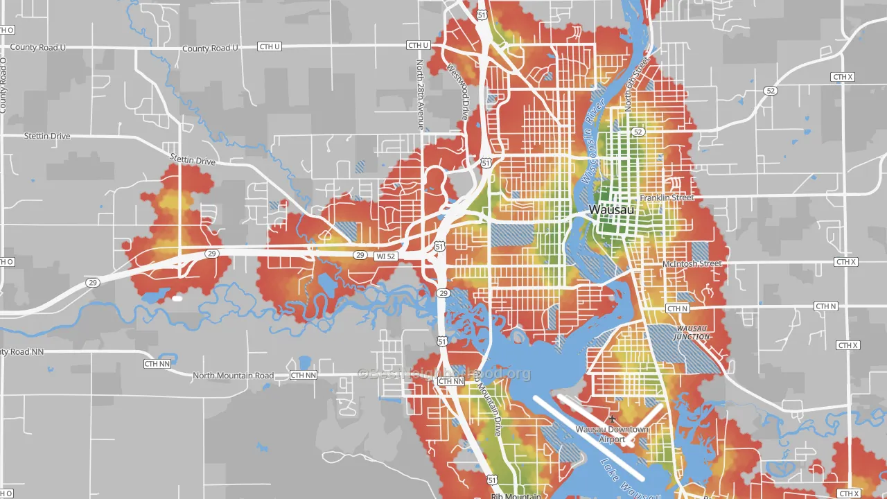 Walk Grade map of 54401, WI, walkable areas in green and car-dependent areas in red