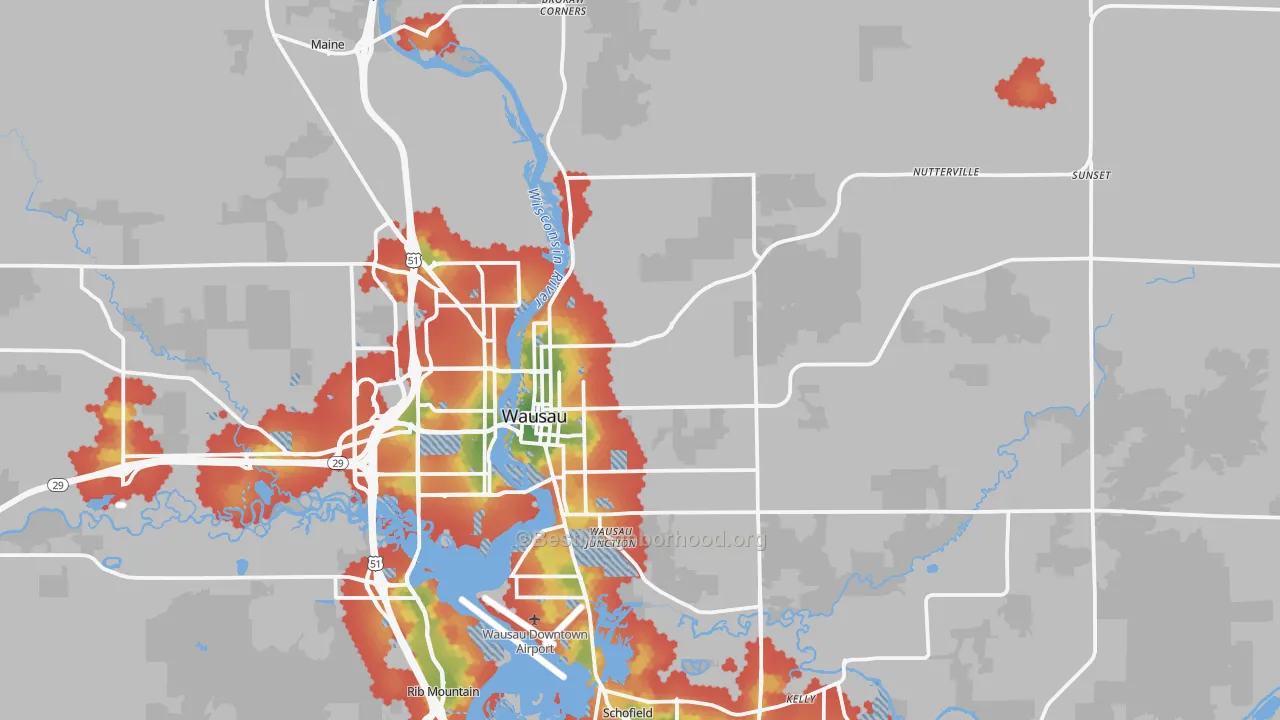 Walk Grade map of 54403, WI, walkable areas in green and car-dependent areas in red