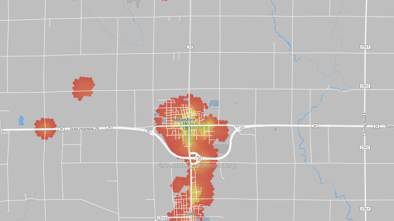 Walk Grade map of 54405, WI, walkable areas in green and car-dependent areas in red