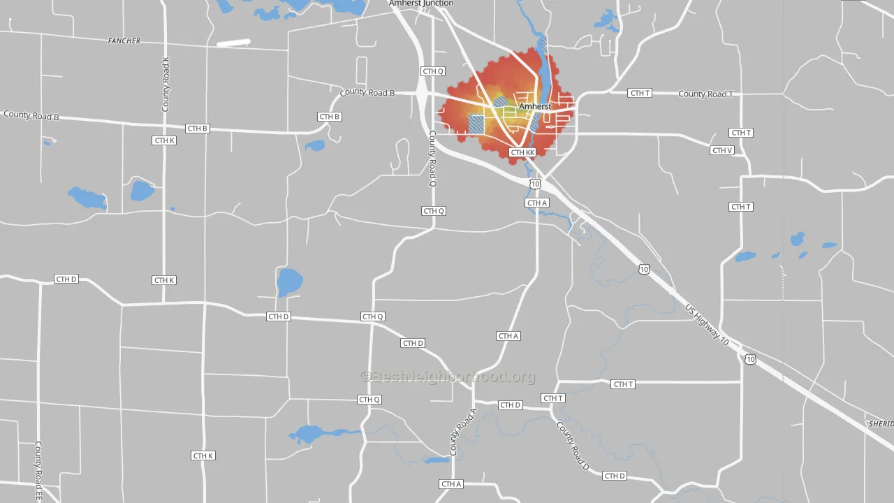 Walk Grade map of 54406, WI, walkable areas in green and car-dependent areas in red