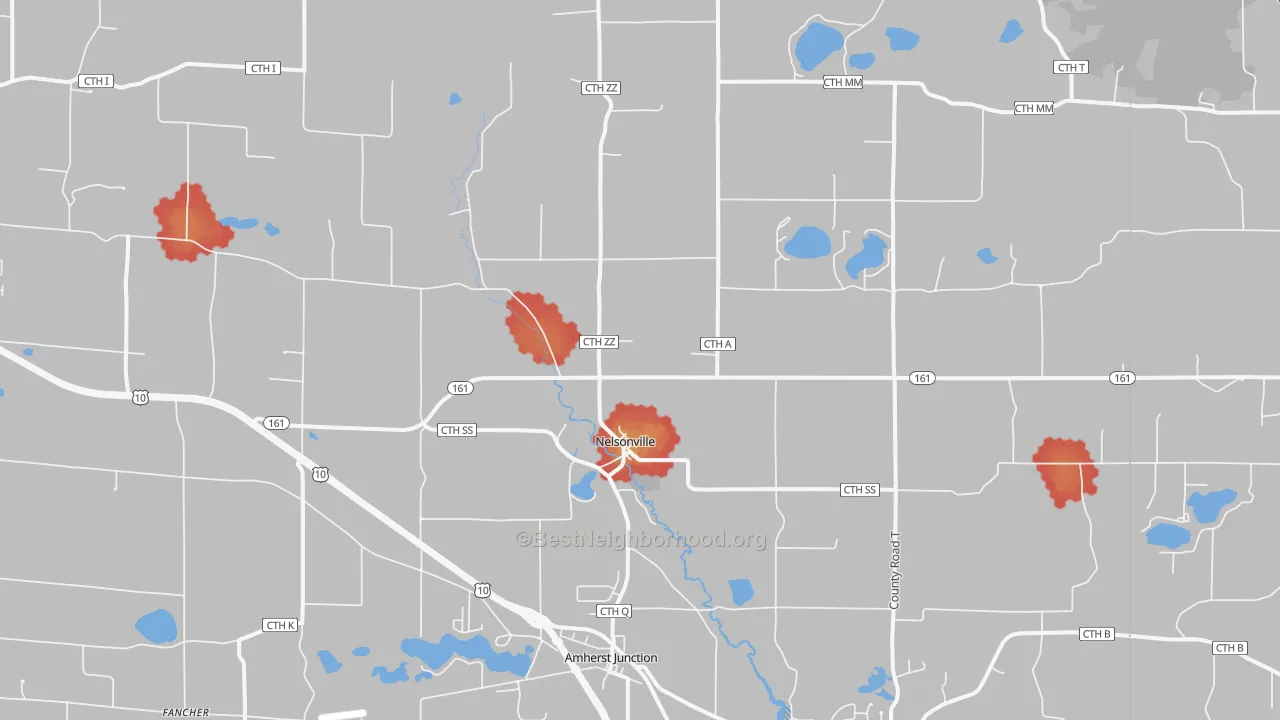 Walk Grade map of 54407, WI, walkable areas in green and car-dependent areas in red