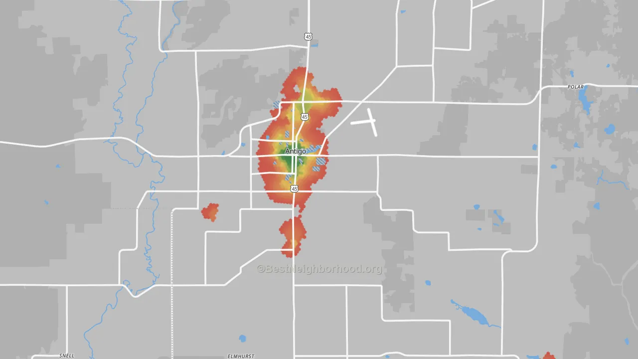 Walk Grade map of 54409, WI, walkable areas in green and car-dependent areas in red
