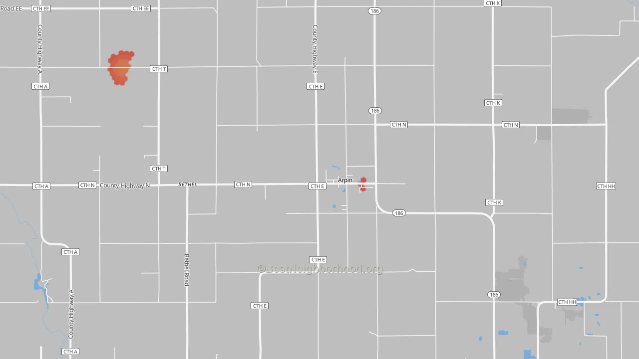 Walk Grade map of 54410, WI, walkable areas in green and car-dependent areas in red