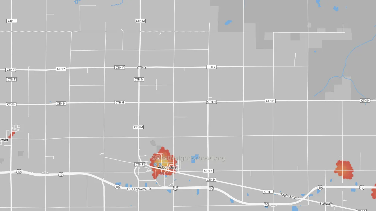 Walk Grade map of 54412, WI, walkable areas in green and car-dependent areas in red