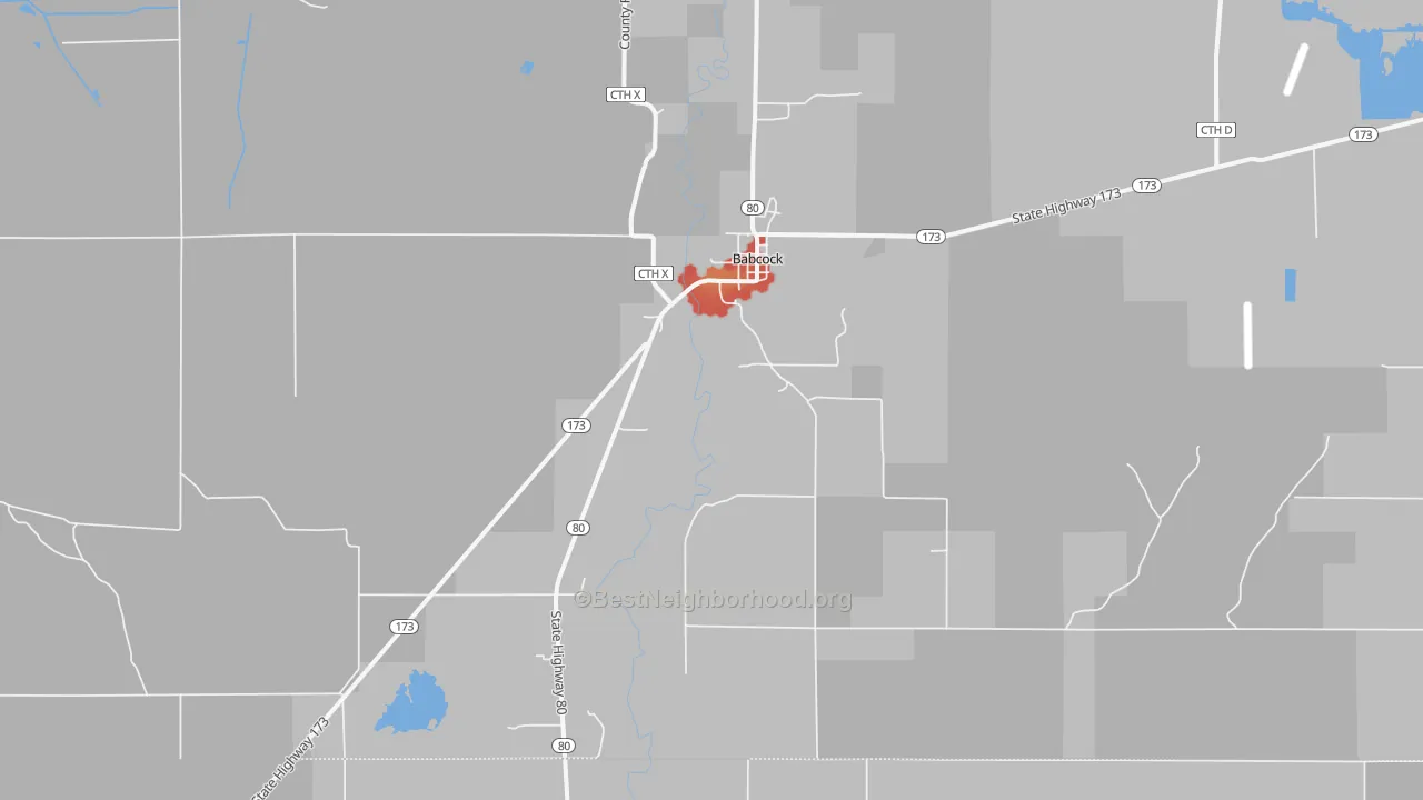 Walk Grade map of 54413, WI, walkable areas in green and car-dependent areas in red