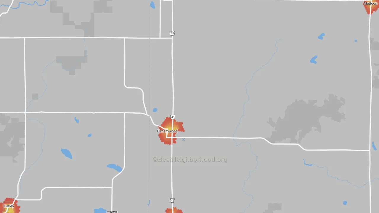 Walk Grade map of 54414, WI, walkable areas in green and car-dependent areas in red