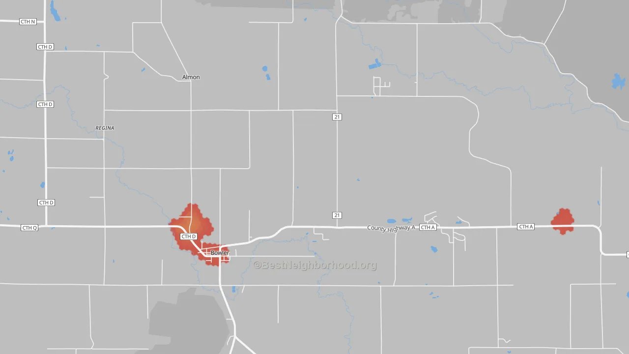 Walk Grade map of 54416, WI, walkable areas in green and car-dependent areas in red