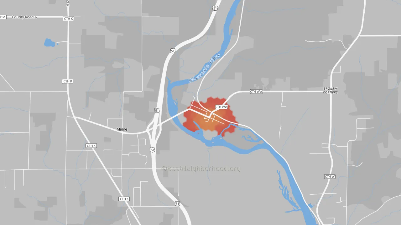 Walk Grade map of 54417, WI, walkable areas in green and car-dependent areas in red