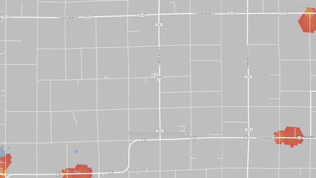 Walk Grade map of 54420, WI, walkable areas in green and car-dependent areas in red
