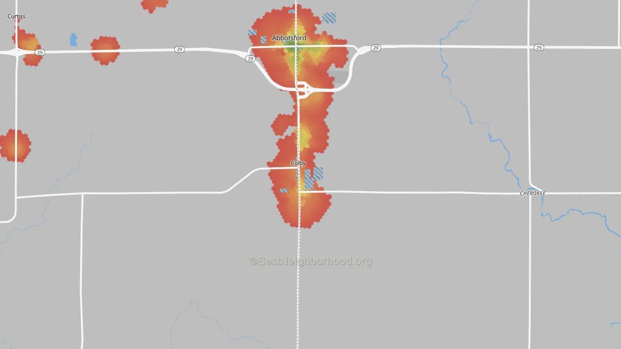 Walk Grade map of 54421, WI, walkable areas in green and car-dependent areas in red