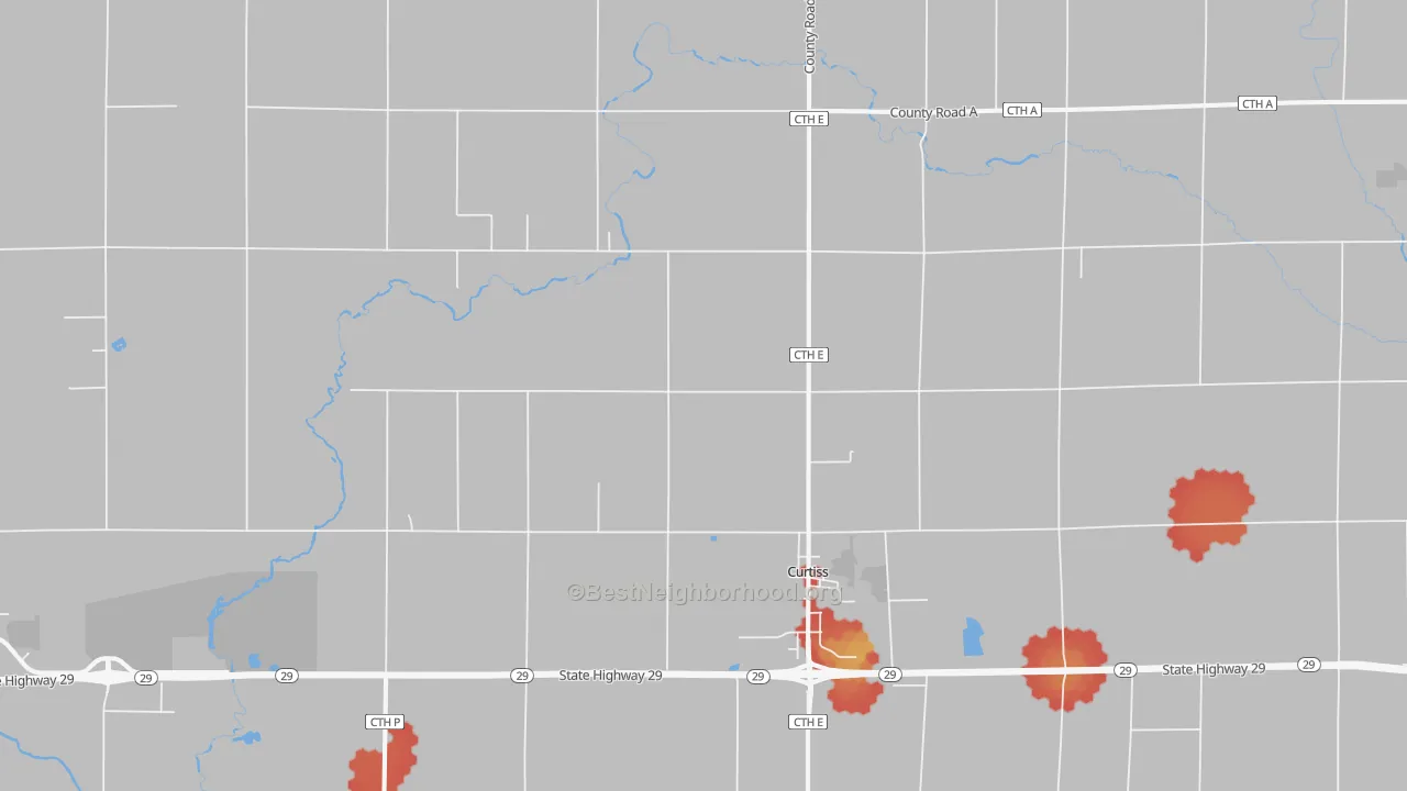 Walk Grade map of 54422, WI, walkable areas in green and car-dependent areas in red