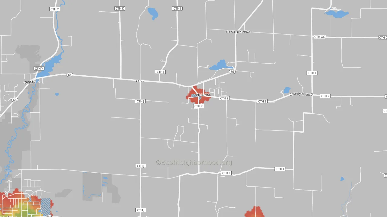 Walk Grade map of 54423, WI, walkable areas in green and car-dependent areas in red