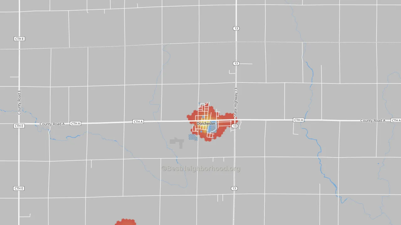 Walk Grade map of 54425, WI, walkable areas in green and car-dependent areas in red