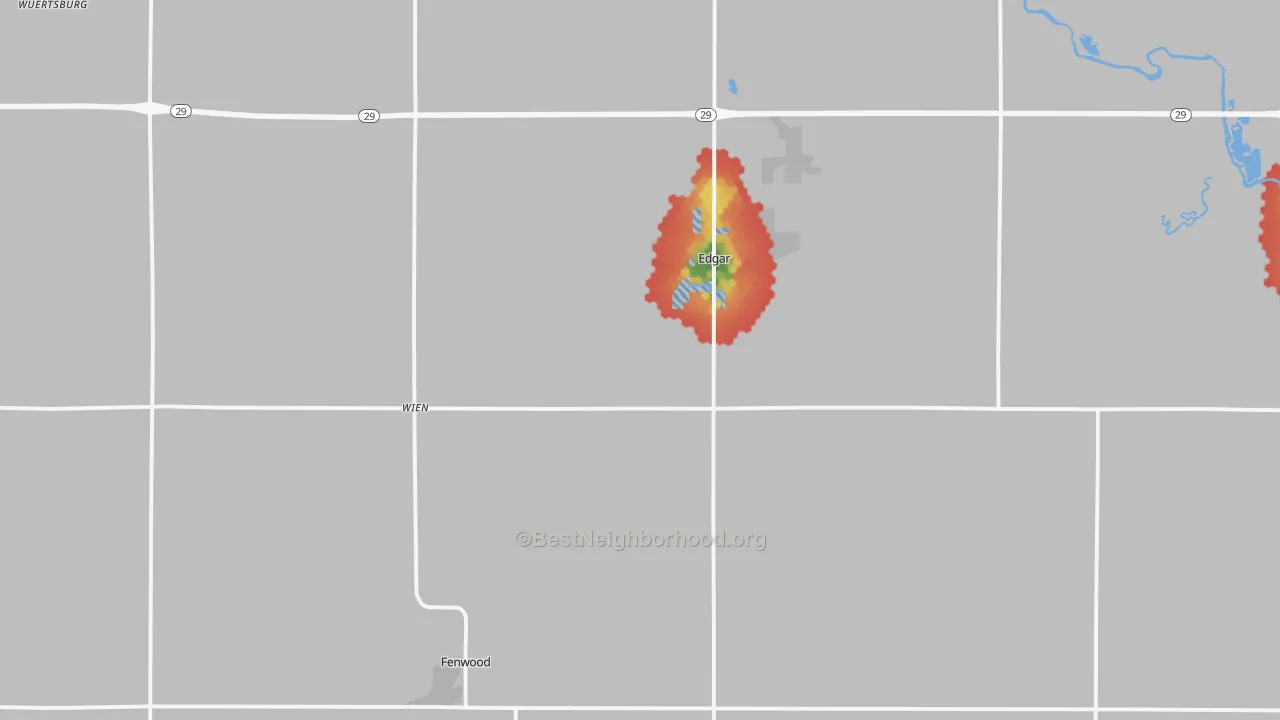 Walk Grade map of 54426, WI, walkable areas in green and car-dependent areas in red