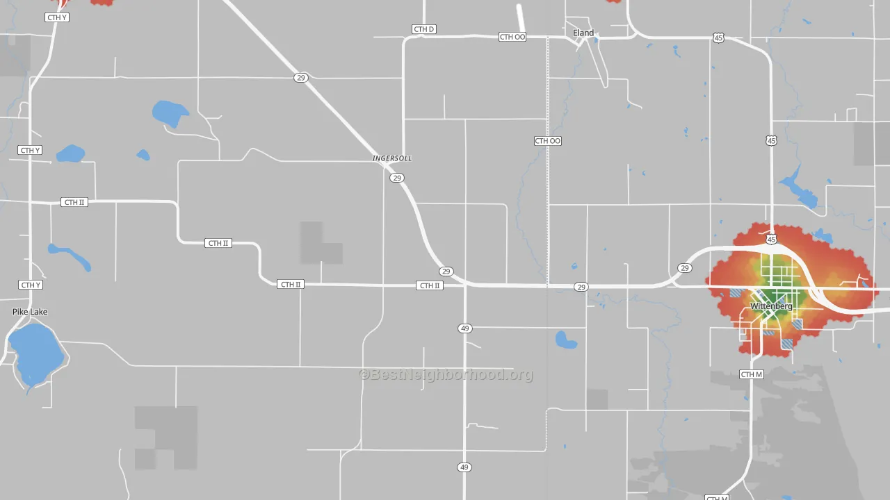 Walk Grade map of 54427, WI, walkable areas in green and car-dependent areas in red
