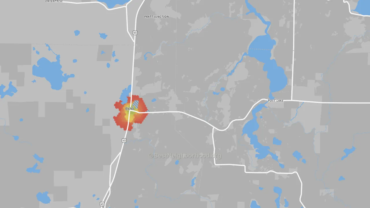 Walk Grade map of 54428, WI, walkable areas in green and car-dependent areas in red