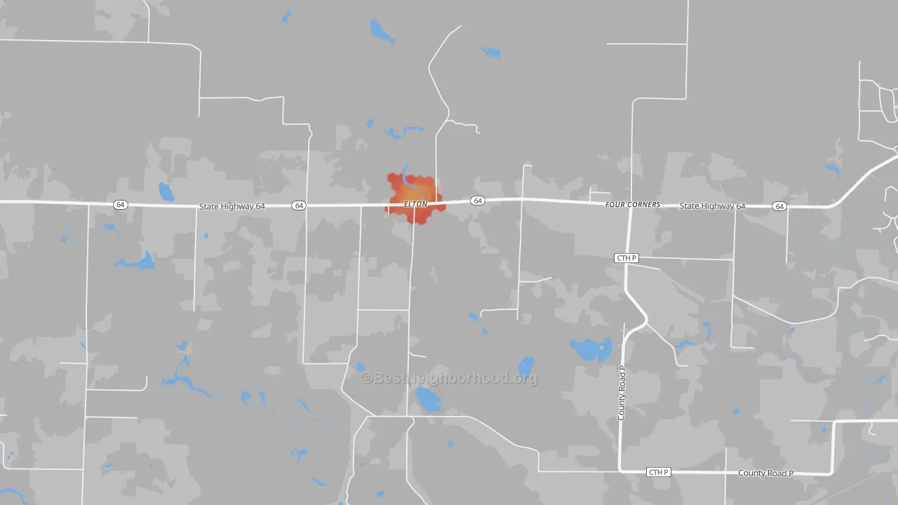 Walk Grade map of 54430, WI, walkable areas in green and car-dependent areas in red