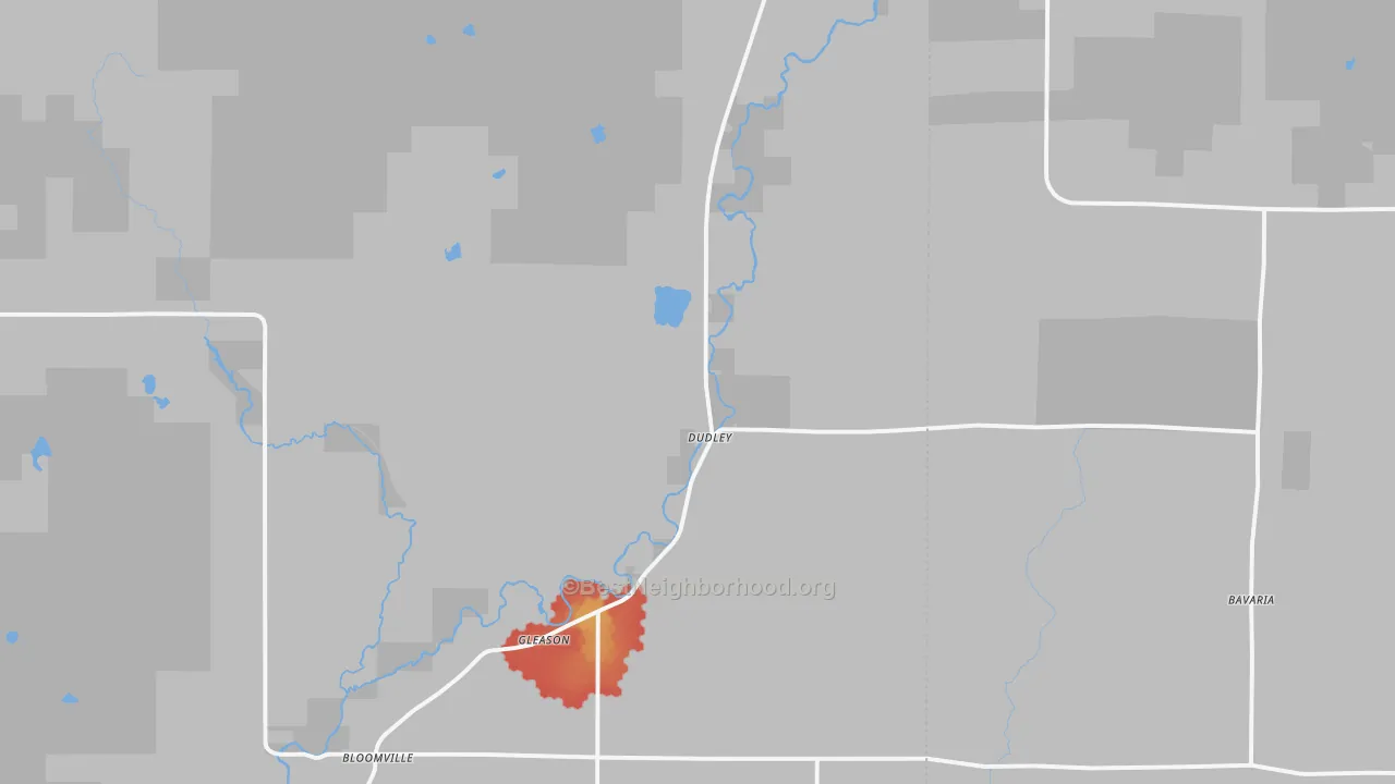Walk Grade map of 54435, WI, walkable areas in green and car-dependent areas in red