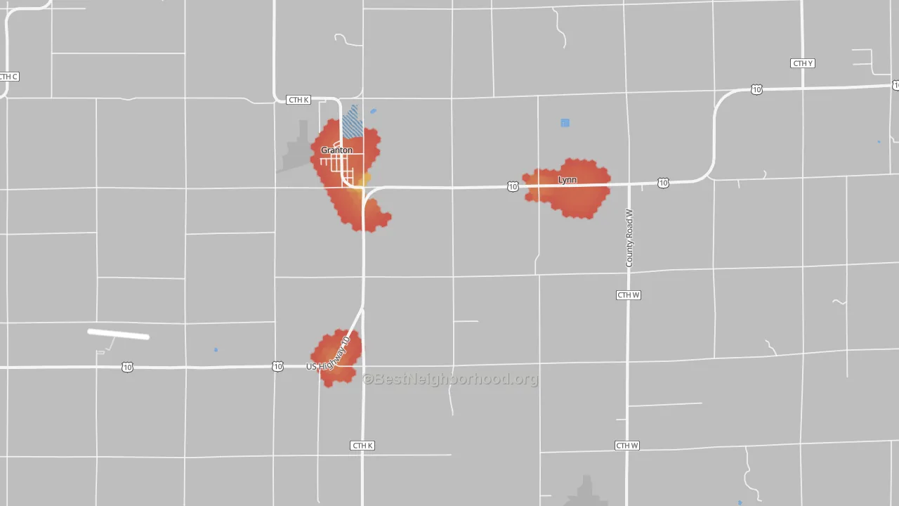 Walk Grade map of 54436, WI, walkable areas in green and car-dependent areas in red
