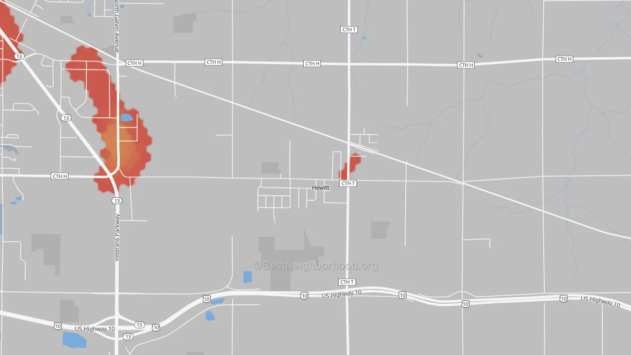 Walk Grade map of 54441, WI, walkable areas in green and car-dependent areas in red