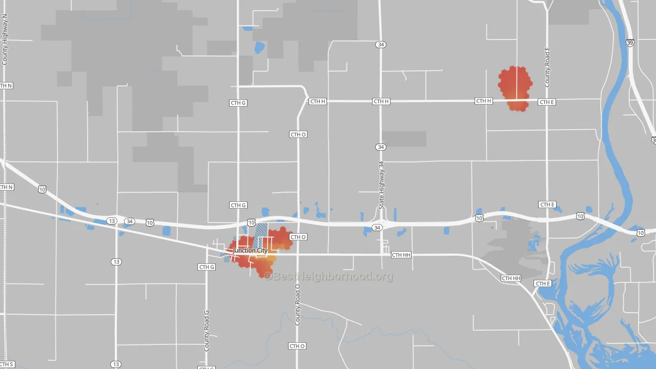 Walk Grade map of 54443, WI, walkable areas in green and car-dependent areas in red