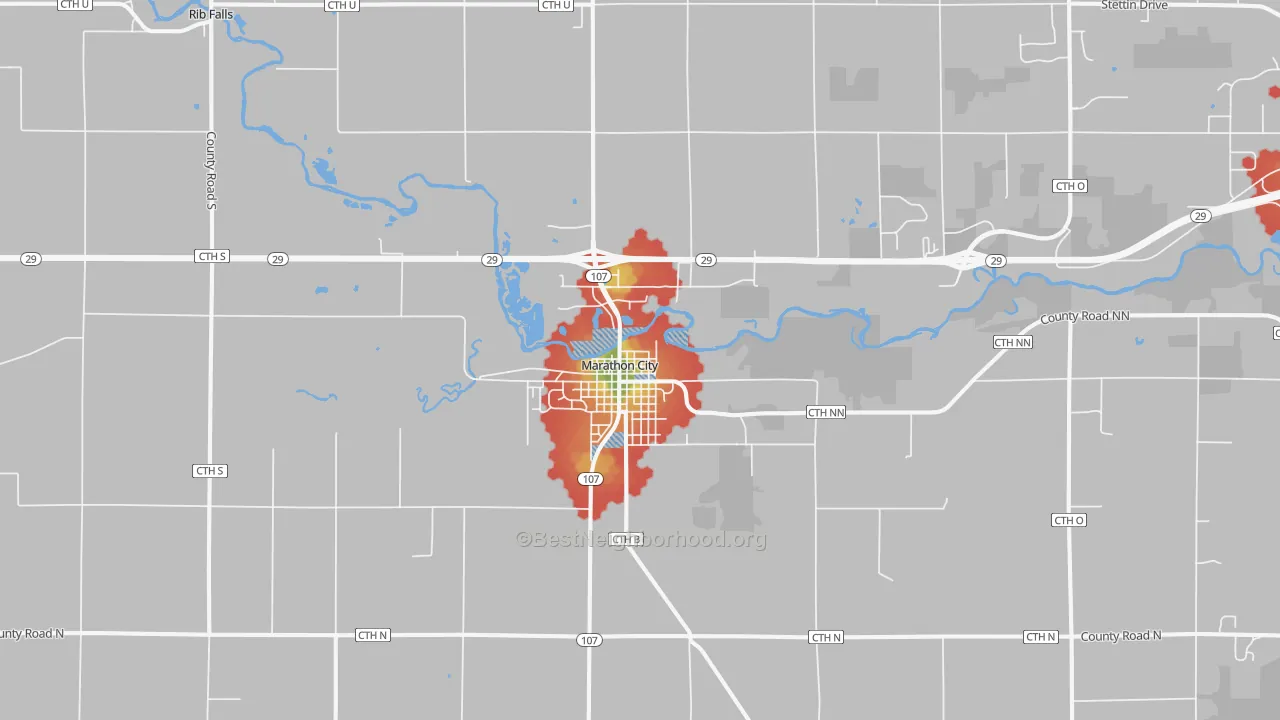 Walk Grade map of 54448, WI, walkable areas in green and car-dependent areas in red